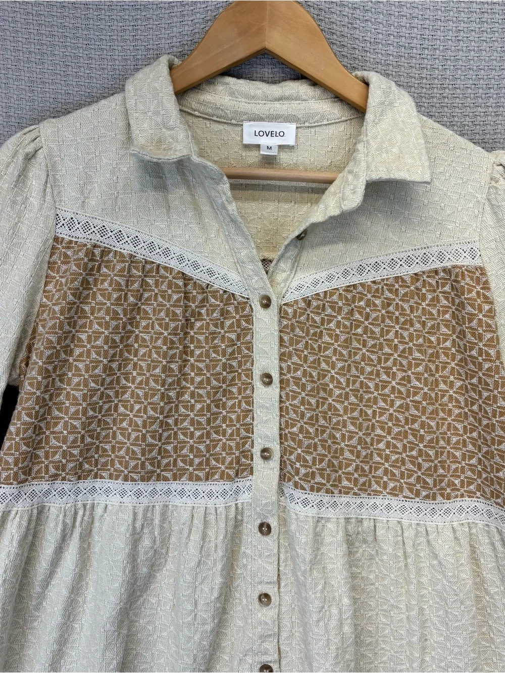 LOVELO Embroidered Color Block Collared Dress Cream Tan Med 100% Cotton Boho EUC